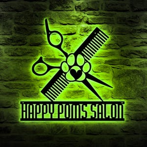 Custom Dog Grooming Hair Salon Metal Wall Art LED Light Personalized Groomer Name Sign Home Decor Pet Grooming Decoration Christmas Gift