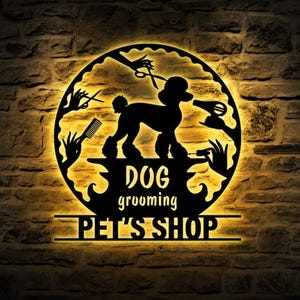 Custom Dog Grooming Hair Salon Metal Wall Art LED Lights Personalized Groomer Name Sign Home Decor Pet Barber Shop Christmas Gift