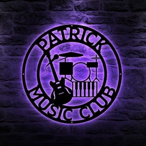 Arte de pared de metal con instrumentos musicales personalizados con luces LED, letrero de sala de música personalizado, regalo de músico, letrero de guitarra, batería y teclado, regalo de Navidad