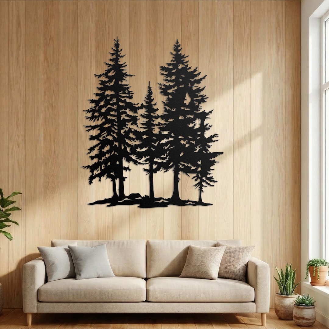 Rustic Pine Tree Metal Wall Decor, Large Forest Wall Art, Cabin Lodge ...