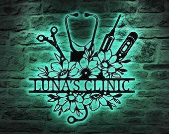 Arte de pared médico floral personalizado, letrero personalizado con nombre de enfermera y médico con diseño de estetoscopio, decoración clínica para oficina, regalo para estudiantes de medicina