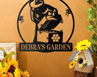 Letrero metálico personalizado de abeja, letrero metálico personalizado de apicultor, letrero con nombre de apicultor, regalo para apicultor, colmena de abejas, decoración de jardín