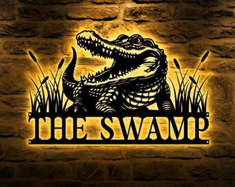 Custom Alligator Metal Sign LED Lights, Crocodile Wall Art, Personalized Metal Animal Name Sign, Swamp Decor, Gator Home Decor
