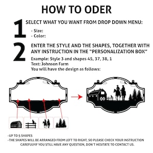 May include: Black and white illustration of a personalised metal sign with ordering instructions. The sign shows a barn, riders on horses, and trees. The text says "HOW TO ODER".