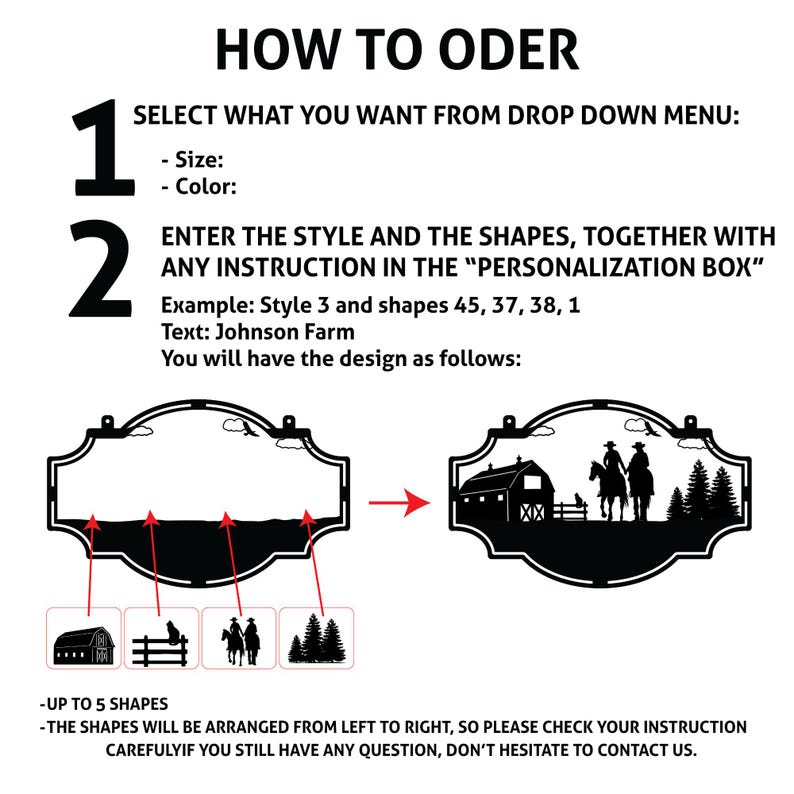 May include: Black and white illustration of a personalised metal sign with ordering instructions. The sign shows a barn, riders on horses, and trees. The text says "HOW TO ODER".