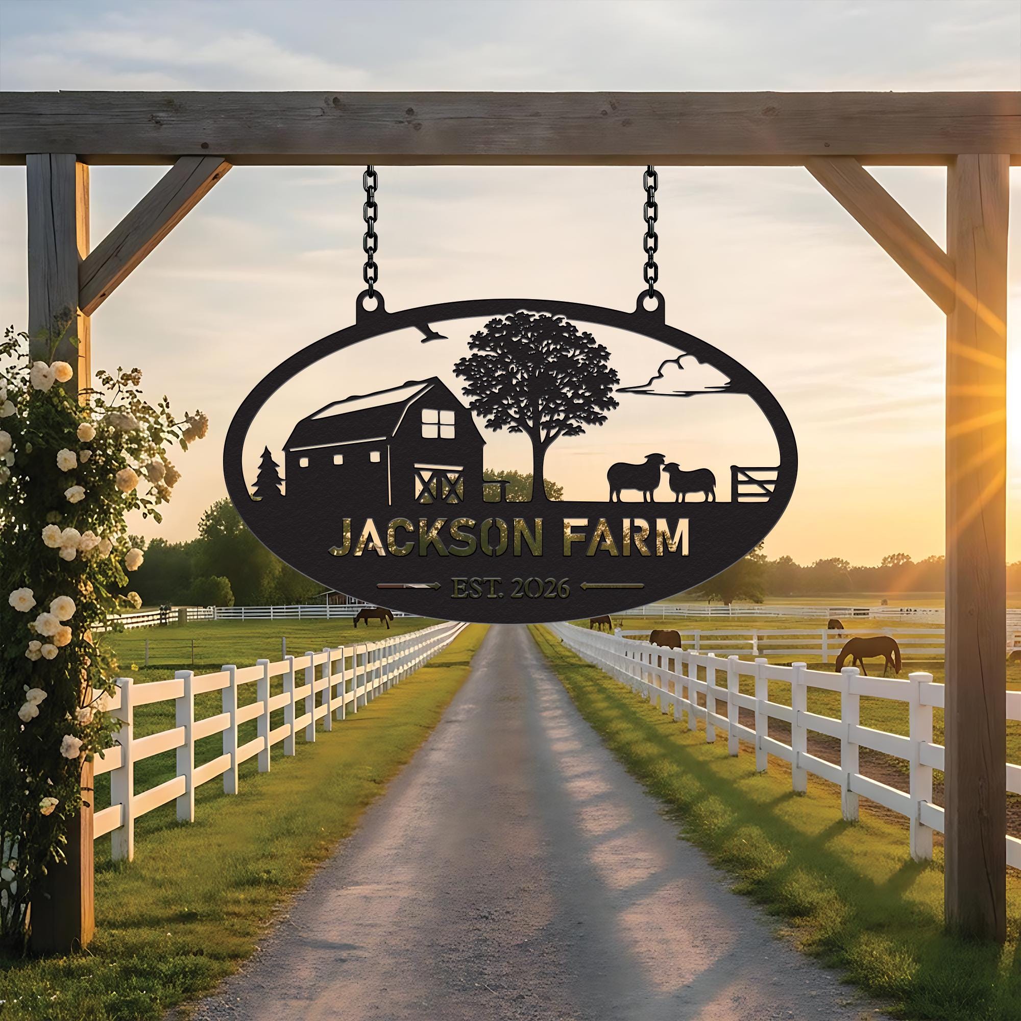 Custom Farm Name Metal Sign, Personalized Barn and Sheep Design ...