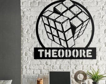 Custom Rubik's Cube Metal Wall Art LED Light, Personalized Rubiks Cube Name Sign, Home Decor Puzzle Cube, Game Room Decor, Gamer Xmas Gift