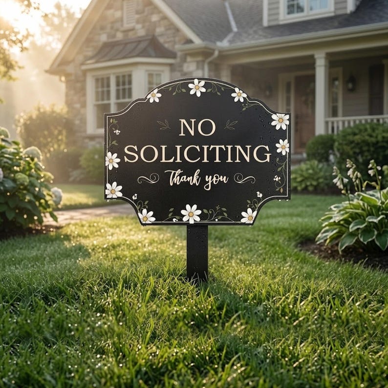 May include: A black, arched yard sign featuring the white text NO SOLICITING and Thank you in a script font. The sign is decorated with white daisy illustrations and green vines along the edges, mounted on a single black metal stake.