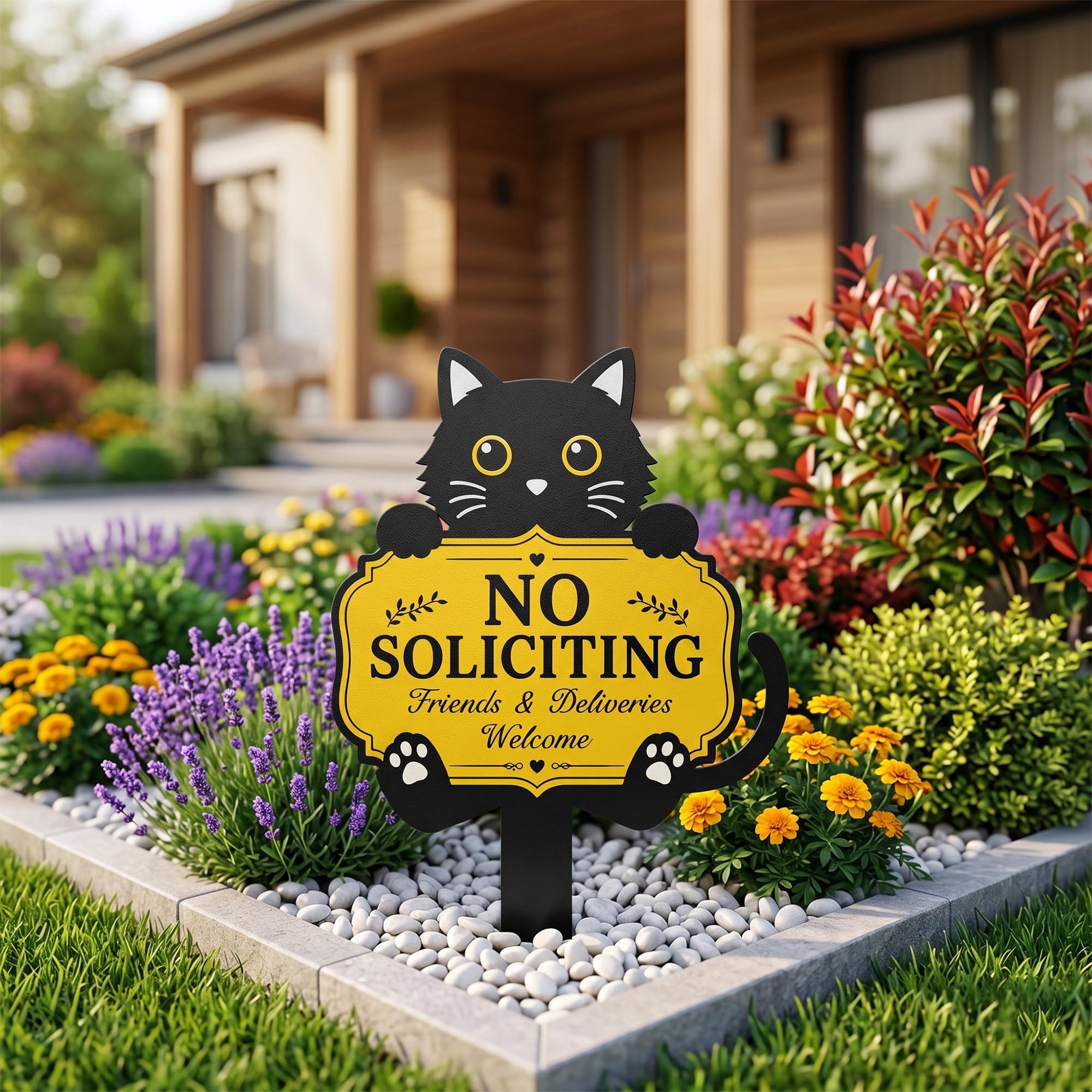 Funny Black Cat No Soliciting Sign, Metal Garden Stake for Cat
