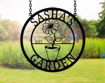Personalized Garden Metal Sign, Custom Flower Pot Wall Art, Outdoor Garden Decor, Custom Garden Name Sign, Gift for Garden Lovers
