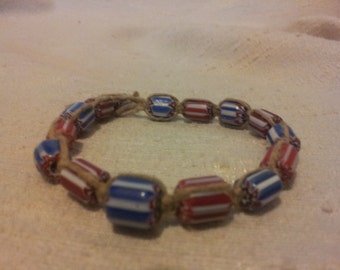 red and blue chevron trade bead hemp bracelet