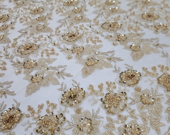 Gold Floral Beaded Lace Fabric - Bridal Embroidery on Mesh