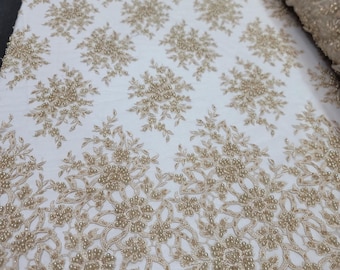 Beige Floral Lace Fabric Sold By The Yard Scalloped Beaded Embroidery Floral Lace For Wedding Dress Prom Bridal Evening Dress Quinceañera