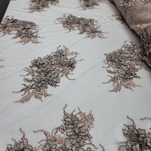 Blush Black 3d floral Lace Embroidery Beads Lace Scalloped Fabric Sold By The Yard For Dress Prom Bridal Quinceañera Gown