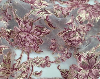 Floral Brocade Fabric, Mauve and Gold Organza, Bridal Dress Fabric