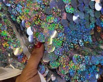 Iridescent Paillette Sequin Fabric - Silver Lace on Stretch Mesh, Sold By The Yard