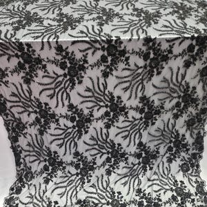 Black Beaded Lace Fabric Sold By The Yard Embroidery Beads Sequins On Mesh Prom Bridal Evening Dress Quinceañera Gown Scalloped