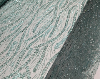 Aqua Glitter Floral Lace Fabric with Rhinestones, Bridal Gown Mesh