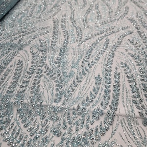 Mint Floral Glitter Lace Fabric Sold By The Yard Rhinestones On Mesh For Wedding Dress Bridal Prom Quinceañera Gown