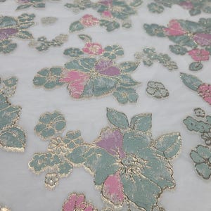 Pink Sage Lavender Floral Brocade On White Organza Fabric Sold By The Yard For Bridal Dress Prom Quinceanera