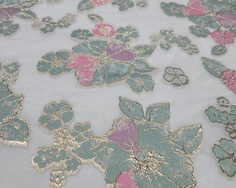 Pink Sage Lavender Floral Brocade On White Organza Fabric Sold By The Yard For Bridal Dress Prom Quinceanera