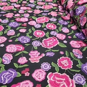 Multicolor Floral Lace Embroidery Lavender Pink Flowers On Black Mesh Fabric Sold By The Yard For Dress Prom Bridal Evening Dress Quinceañer