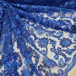 Sequins Lace Embroidery Floral Fabric Sold By The Yard Floral Design For Dress Draping Clothing Backdrop Royal Blue Lace