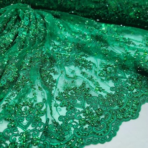 Kelly Green Beaded Lace Fabric Sold By The Yard For Embroidery Rhinestones Scalloped Prom Bridal Dress Quinceañera Gown