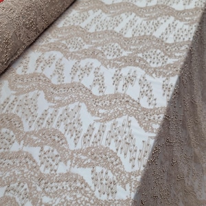 Champagne Geometric Lace Fabric Sold By The Yard For Wedding Dress Beige Embroidery Pearls  On Mesh For Prom Bridal Scalloped Lace