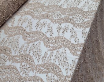 Champagne Geometric Lace Fabric Sold By The Yard For Wedding Dress Beige Embroidery Pearls  On Mesh For Prom Bridal Scalloped Lace