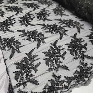 Black Lace Fabric Sold By The Yard Embroidery Floral Beads Sequins On Mesh Prom Bridal Evening Dress Quinceañera Gown Double Scallop