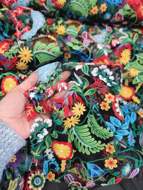 red yellow green mesh dress Multicolor Floral Lace Green Leaves Red Blue Yellow Flowers On Black Mesh  Fabric Sold By The Yard For Dress Prom Bridal Evening Dress