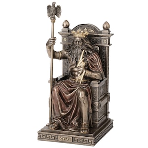 Zeus Statue – Greek God of Thunder and Sky – 27cm Cold Cast Bronze Figurine on Throne with Lightning Bolt & Eagle Staff