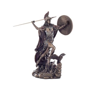 Statua greckiej bogini Ateny – figurka z brązu odlewanego na zimno z włócznią i sową, 22 cm, dekoracja mitologiczna