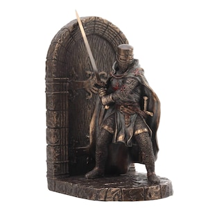 Estatua de Caballero Templario – Figura de Cruzado Medieval de Bronce Fundido en Frío con Espada, 19 cm, Decoración Gótica