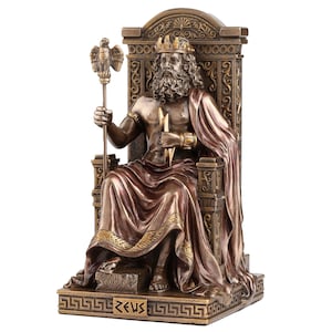 Zeus Statue – Greek God of the Sky and Thunder – 15.5cm Cold Cast Bronze Figurine on Throne with Eagle & Lightning Bolt