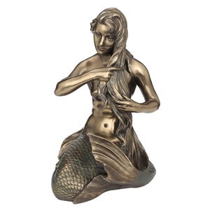 Bronze Mermaid Statue Brushing Hair | 40cm Cold Cast Sea Maiden Figurine | Nautical Fantasy Decor