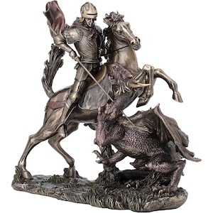 Saint George and Dragon Statue 29cm – Bronze Finish Heroic Figurine, Medieval Christian Decor