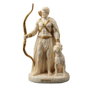 May include: A detailed statue of Odysseus, a Greek hero, holding a golden bow. The figure is draped in a white cloak and stands with a dog. The base of the statue has the word "Odysseus" inscribed.