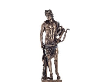 Estatua de Apolo, dios griego de la música, 25 x 10,5 cm, bronce fundido en frío, decoración con lira.