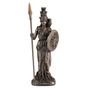 Atena 16,5 cm Statua – Grecka Bogini Mądrości – Ręcznie wykonana figurka z Tarczą i Włócznią – Odlew Brązu Zimnego – Dekoracja Mitologiczna