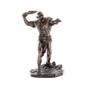 May include: Bronze-colored Cyclops statue, sculpted with intricate detail. The one-eyed figure is depicted mid-action, holding a jagged weapon. The base is inscribed with the word "CYCLOPS".