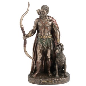 May include: A bronze-effect statue of a man with a bow and arrow, accompanied by a dog. The man is draped in a cape and wears a belt. The base of the statue is inscribed with the word "ODYSSEUS".