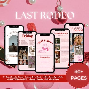 Puede incluir: Un paquete de itinerario de despedida de soltera imprimible con un esquema de color rosa y rojo. La página de portada presenta el texto "Last Rodeo" en una fuente blanca en negrita. El paquete incluye más de 40 páginas de actividades, juegos y un tablero de visión.