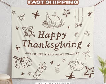 Kundenspezifisches Erntedank-Party Banner, Friendsgiving Dinner Willkommensschild, personalisierte Hand gezeichnet Herbst Familienfeier Foto Hintergrund Wandteppich