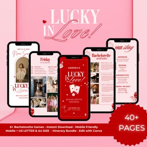 Paquete de despedida de soltera Lucky In Love, invitación, itinerario y más, plantillas editables, fiesta Love Angel al estilo de Las Vegas, digital, bricolaje instantáneo
