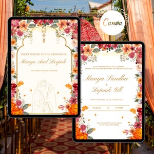 Modelo de convite de casamento indiano elegante, convite de casamento indiano editável e imprimível, convite de casamento tradicional hindu, arquivo Canva