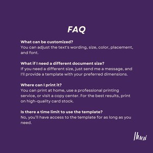 K&ouml;nnte beinhalten: FAQ-Bereich mit Informationen zur Anpassung, Gr&ouml;&szlig;enbestimmung, Druck und Zeitlimits f&uuml;r eine digitale Vorlage. Der Text ist wei&szlig; auf einem violetten Hintergrund.