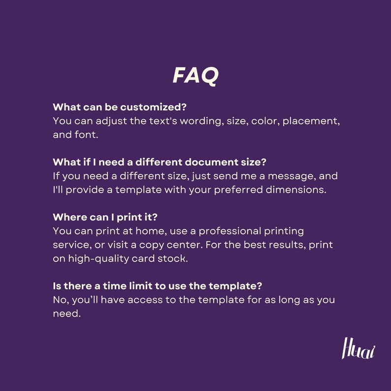 K&ouml;nnte beinhalten: FAQ-Bereich mit Informationen zur Anpassung, Gr&ouml;&szlig;enbestimmung, Druck und Zeitlimits f&uuml;r eine digitale Vorlage. Der Text ist wei&szlig; auf einem violetten Hintergrund.