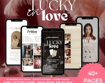 Lucky In Love Bachelorette Invitation, Itinerary, & More, Editable Templates, Classy Gold Las Vegas Style Bach Party Printable Instant DIY
